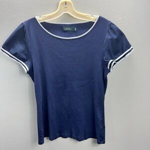 Lauren Ralph Lauren Women's XL Navy Blue Ribbed Scoop Neck Tee with White Trim